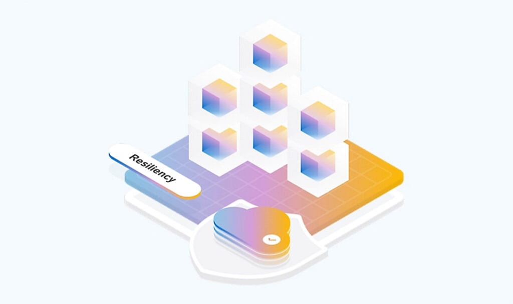Illustration of disaggregated storage architecture featuring layered cubes and a focus on resiliency, representing Azure Local 2604's support for external SAN storage.